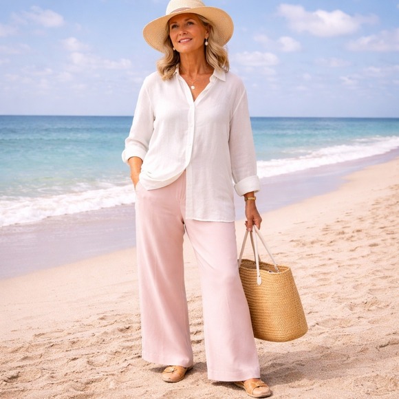 Tropical Al Pants - Tropical Al Silk Straight‎ Leg Pants Women's Petite Large Pink Resort Coastal